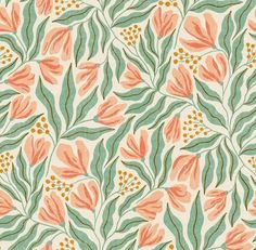 an orange and green floral pattern with leaves