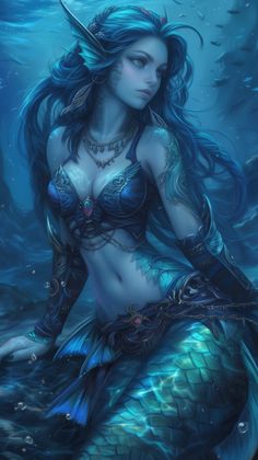 a mermaid with blue hair sitting on the water