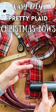 a person is making plaid ribbon with scissors and tape