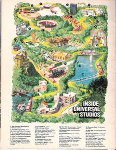 an illustrated map of the inside universal studios shows locations, attractions and other things to see