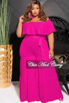 Polyester %: 96 Spandex %: 4 This is a jumpsuit- not a dress. Model is wearing - 1x Pink Plus Size Outfits, Vintage Plus Size Fashion, Glam Closet, 43rd Birthday, Plus Size Off The Shoulder, Off The Shoulder Jumpsuit, Jacket And Pants Set, Summer Pants Outfits, Chic And Curvy