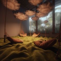 a room filled with lots of pillows hanging from the ceiling and clouds in the air