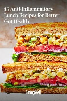 an image of a sandwich with the title 15 anti - inflamatory lunch recipes for better gut health