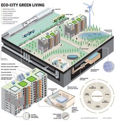 an info poster showing the different types of green living in buildings, trees and wind mills