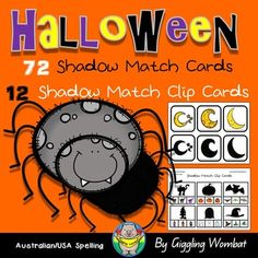 an orange halloween themed card game with the words, 72 shadow match cards and matching numbers