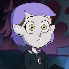 a cartoon character with purple hair and big eyes