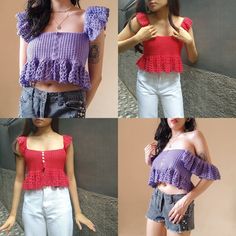 four different pictures of a woman wearing short shorts and a top with ruffles