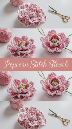 crochet flowers made with yarn and scissors are shown in three different pictures, one is pink the other is white