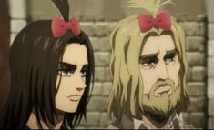 two anime characters one with long hair and the other with red bow ties, standing next to each other