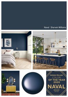 blue and white bedroom with gold accents in the color navy, which is also available for sale