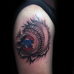 a baseball tattoo on the arm of a man with a bull and ball in it