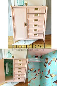 an old dresser is painted pink and gold with birds on it, and the drawers are closed