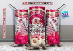 three pink and white christmas candles with santa clause on them, all in different designs