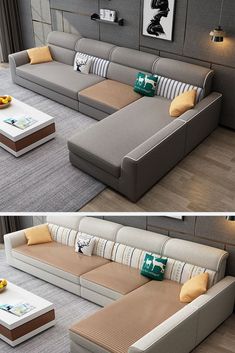 two pictures of a living room with couches and tables