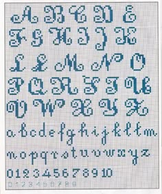 a cross stitch pattern with the letters and numbers in blue on white paper, as well as