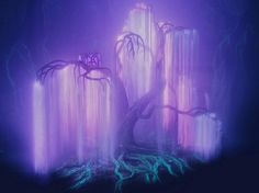 an artistic scene with trees and purple lights