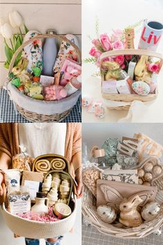 four different baskets filled with various types of items