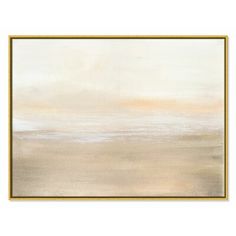 an abstract painting in gold and white with a beige background, framed on the wall