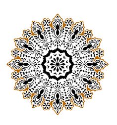 an intricate circular design in black and white with gold accents on the center, is shown