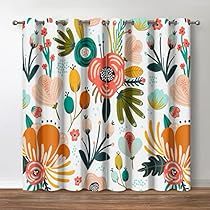 the curtains are decorated with colorful flowers and leaves on white background, hanging in front of a wooden floor