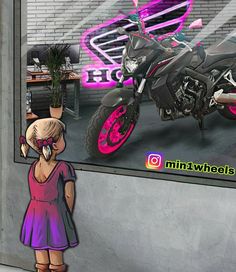 a woman standing in front of a motorcycle