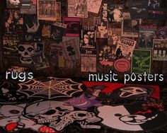 there is a wall covered with posters and skulls on it's sides, as well as the words rugs music posters