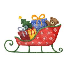 a christmas sleigh filled with presents and teddy bears