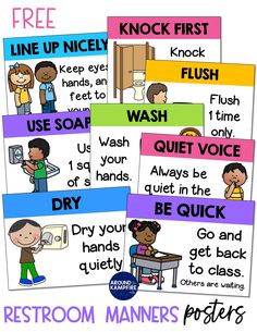 four posters with words and pictures on them to help kids learn how to use the bathroom