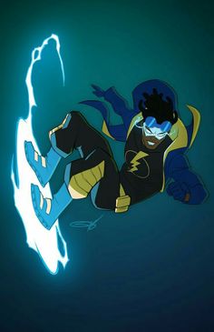 a cartoon character flying through the air with blue and yellow light coming from his feet