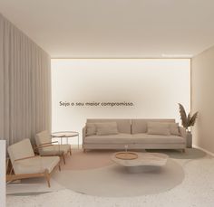 a modern living room with white walls and furniture