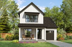 a small white house with black shingles on the roof