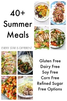 the cover of 40 + summer meals, with pictures of different dishes and text on it