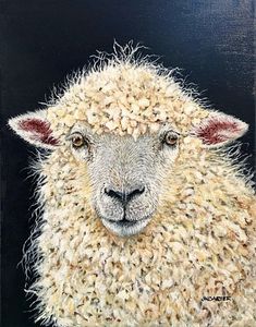 a painting of a sheep that is looking at the camera