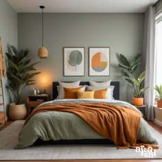 a bed sitting in a bedroom next to a window covered in orange and green blankets