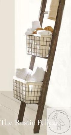 Wooden ladder, ladder towel rack, bathroom organizers storage ladder Ladder Towel Racks, Wooden Bathroom Accessories, Rustic Towel Rack, Farmhouse Ladder, Bathroom Ladder, Rustic Winter Decor, Bathroom Rustic, Primitive Bathrooms, Diy Blanket Ladder