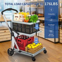 an image of a shopping cart with fruits and vegetables on the top, labeled total load capacity up to 17lbs