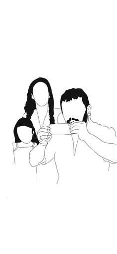 a black and white drawing of two people holding something in one hand while another person holds the other