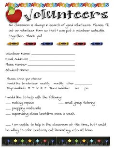 a teacher's volunteer form with pencils and an apple