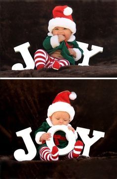 two photos of a baby wearing a santa hat and holding the word joy in front of them