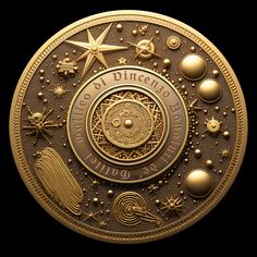 a gold plate with the zodiac sign and other astrological symbols on it, against a black background