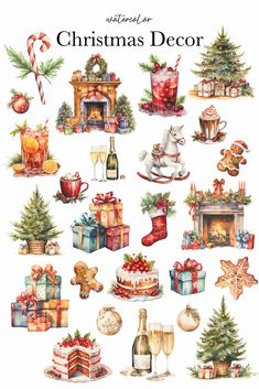 watercolor christmas decorations and gifts on a white background