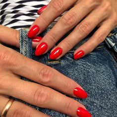 Almond Red Nails Short, Red Holiday Nails Short, Bright Red Nails Short, Red Short Acrylics, Red Nails Oval Shape, Short Oval Red Nails, Pinky Red Nails, Red Oval Acrylic Nails, Short Red Gel Nails