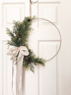 a wreath hanging on the front door of a house