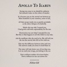 a poem written in black ink on white paper with the words,'apollo to icarus '