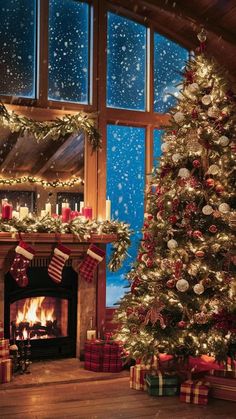 a decorated christmas tree sitting in front of a fire place