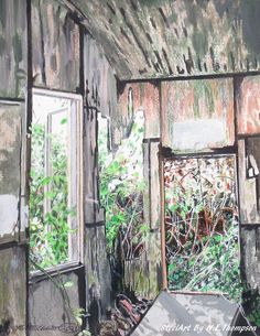 a painting of an abandoned room with broken windows