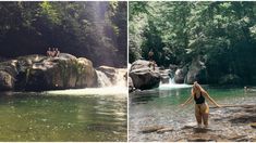 two pictures side by side, one with people in the water and one with rocks