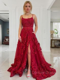 A-Line Spaghetti Straps Court Train Tulle Prom Dresses For Black girls With Leg Slit Christmas Outfit Dress, Red Lace Prom Dress, Prom Dresses Red, Lace Prom Dresses, 2024 Prom, Dress Christmas, Burgundy Lace, 2022 Christmas, A Line Prom Dresses