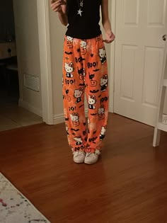 Halloween Pants Pjs, Cute Casual Halloween Outfits, Hello Kitty Outfit Halloween, Hello Kitty Pjs Halloween, Halloween Pj Pants Aesthetic, Fall Pajama Pants, Hello Kitty Halloween Pajama Pants, Cozy Fall Pajamas, Fluffy Pyjama Pants