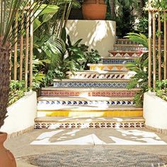 an outdoor area with stairs and potted plants